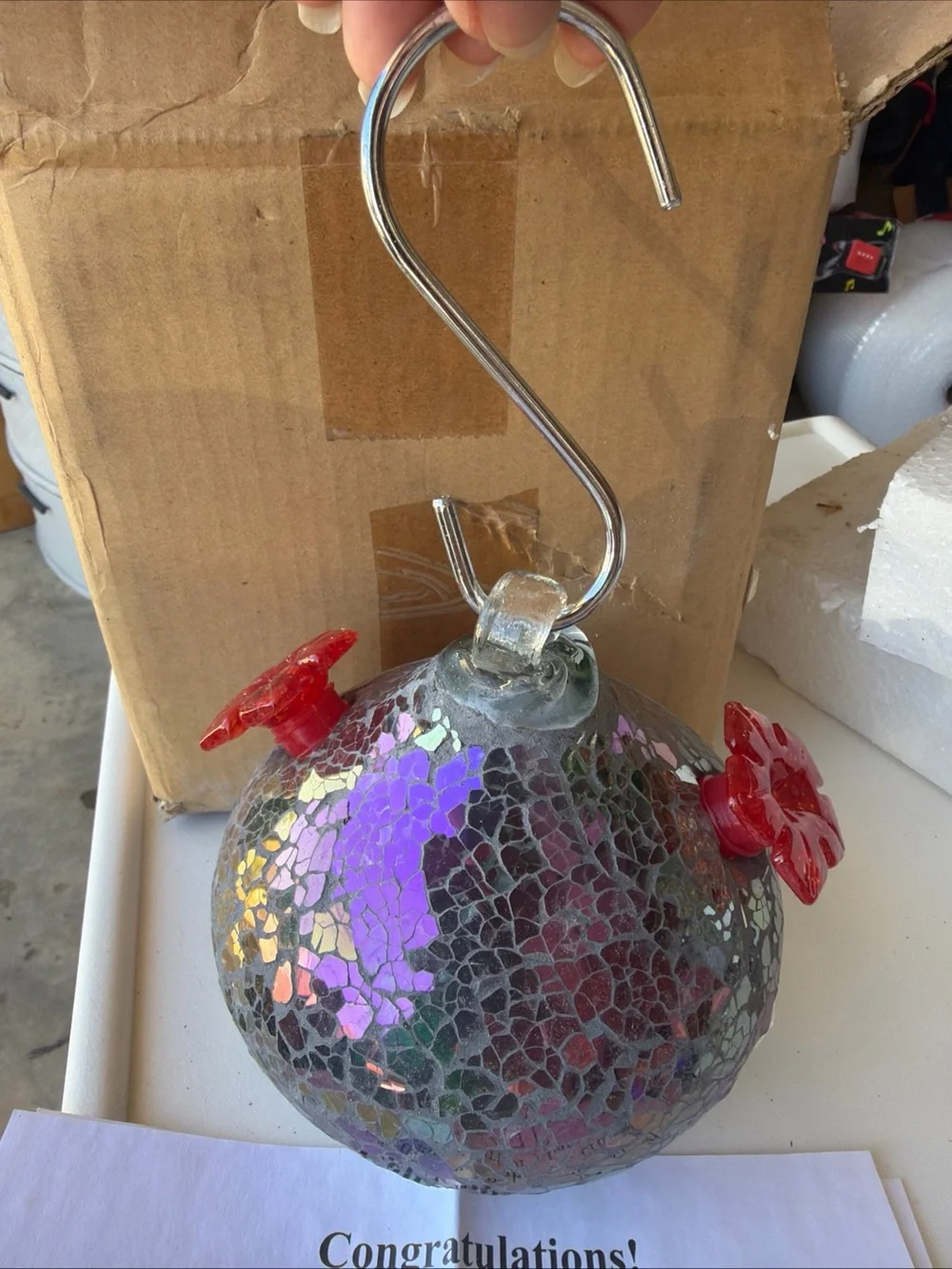 Backyard Expressions Bird Brain Purple Mosaic Glass Hanging Hummingbird Feeder
